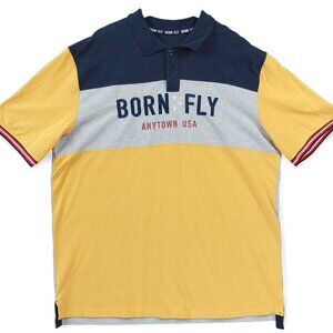Born Fly Polo Shirt Mens XL Anytown USA Colorblock Yellow Navy Blue Extra Large